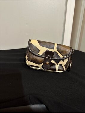 Dooney & Bourke Giraffe Print Haircalf Leather Flap Wristlet Bag Blue Logo Charm